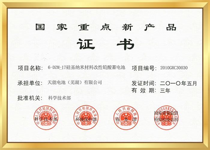 2010年國家重點新產品（硅基納米電池）